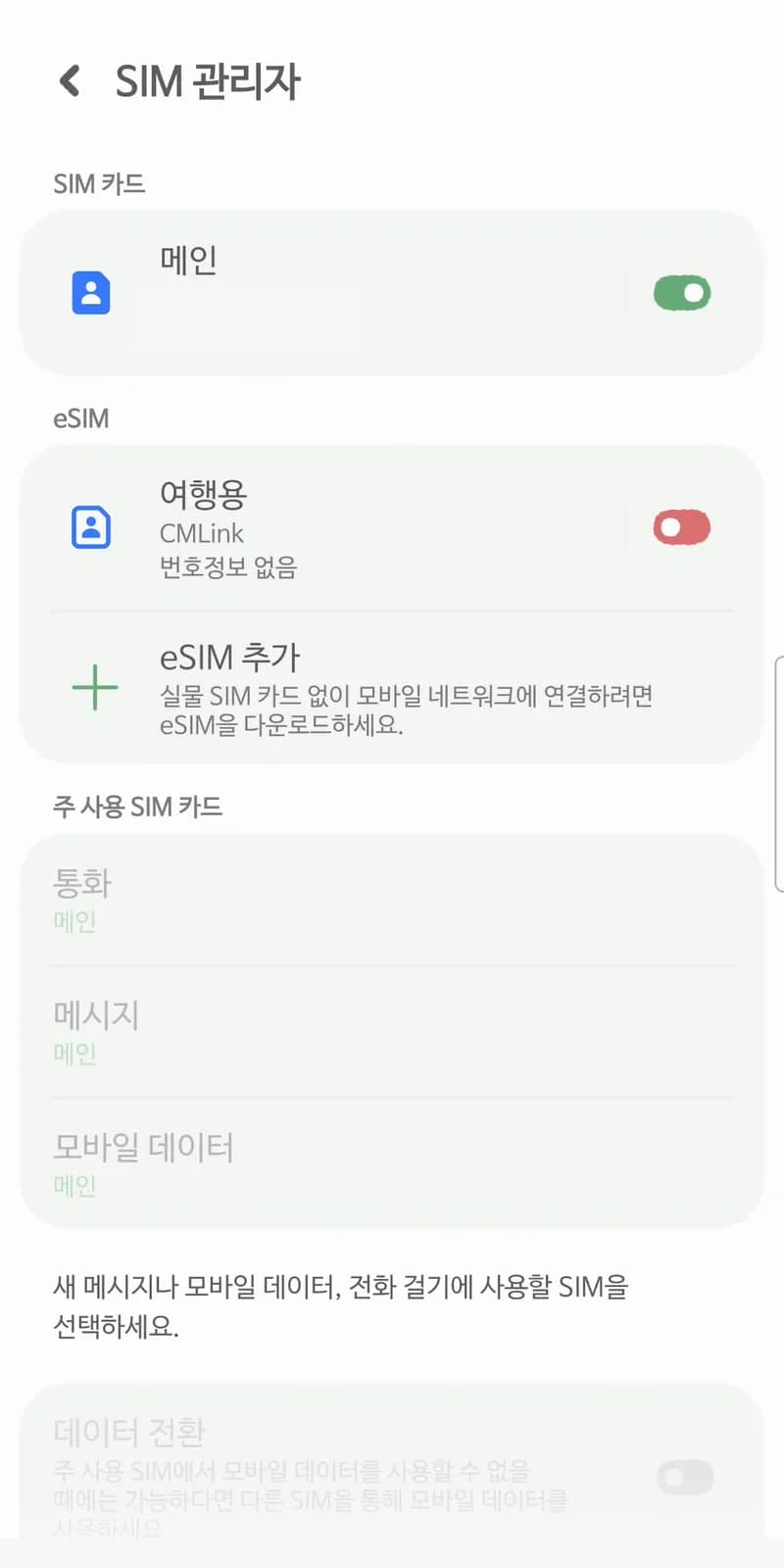 SIM 관리자 화면. 메인 SIM은 켜짐, 여행용 eSIM은 꺼짐 상태다.